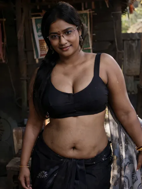 Indian woman wearing colorful (saree), (young woman), 20 years old, (chubby cheeks:1.1), (curvy figure:1.2), (eyeglasses), (bindi), An Indian beauty, charismatic, (dark-skin:1.2), view the viewer, naughty smile, rural Indian village.