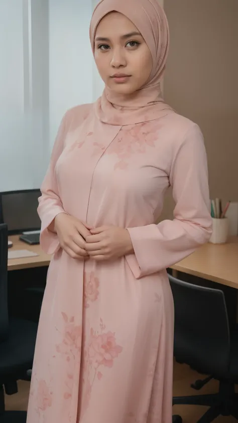 a 20 years old malay women in hijab wear floral pattern baju kurung seat in the office, night, serious face, nighttime, in the office movie style, hyper - realistic photography, dramatic effect, people working in background, pastel color grading, full body...