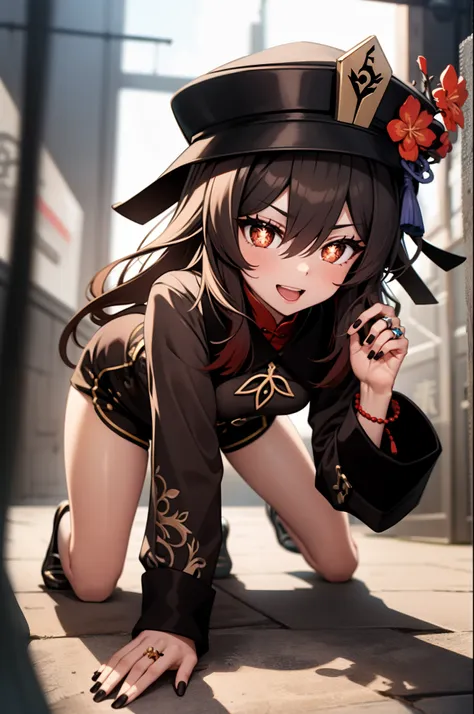 masterpiece, best quality, HuTaoV4, 1girl, solo, looking at viewer, symbol-shaped pupils, flower shaped pupils, blush, smile, open mouth, long sleeves, hat, jewelry, flower, thighs, shorts, socks, nail polish, black headwear, chinese clothes, black shorts,...