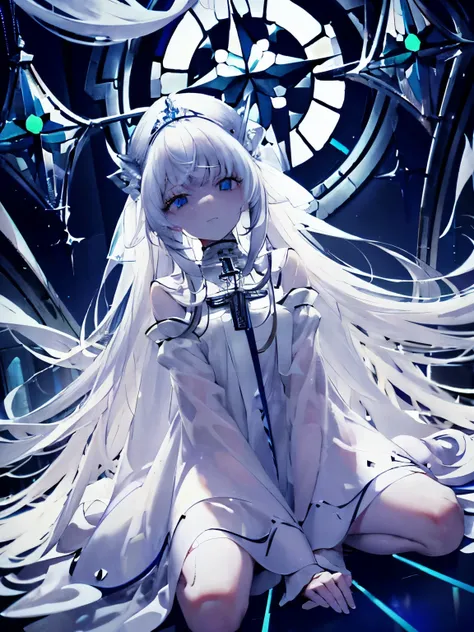 white haired woman　very long hair　hair falling on the floor　Sitting on the floor　Light is shining from above　Inside the white church　cross　transparent　glass　BLUE　Composition looking up from bottom to top　Beautiful stained glass　Delicate face drawing　Overpe...