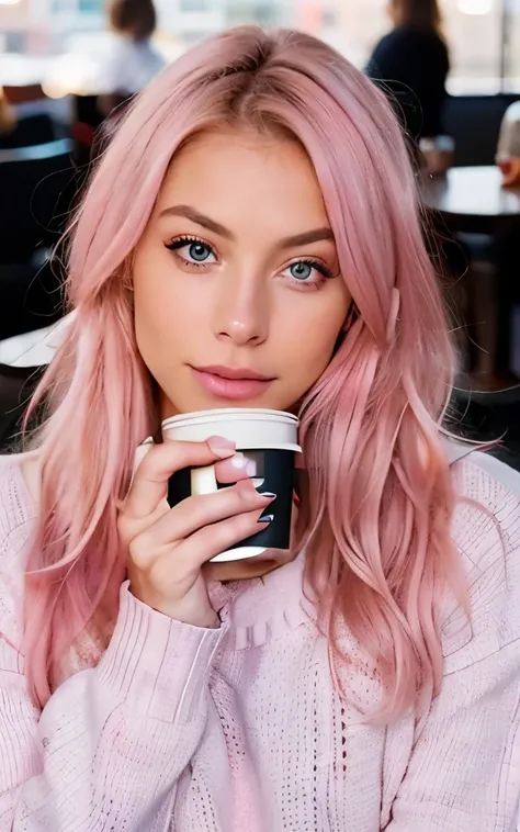 beautiful pink hair Alexa Bliss wearing pink sweater (sipping coffee inside a modern café at sunset), very detailed, 21 years old, innocent face, natural wavy hair, blue eyes, high resolution, masterpiece, best quality, intricate details, highly detailed, ...