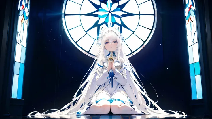 white haired woman　very long hair　hair falling on the floor　Sitting on the floor　Light is shining from above　Inside the white church　cross　transparent　glass　BLUE　Composition looking up from bottom to top　Beautiful stained glass　Delicate face drawing　Overpe...