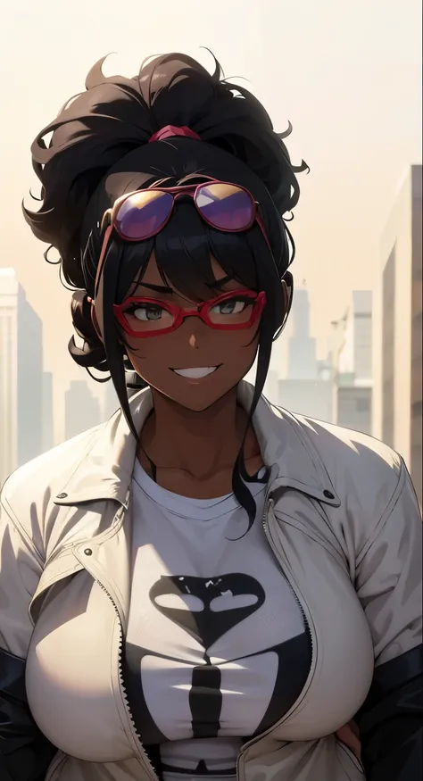 1girl, anime, anime girl, anime style, dark skin, curly hair, sunglasses, thicc, busty, thick thighs, cool, badass, jacket, grin, look of superiority, sensual beauty, seductive hd, high definition, dynamic lighting, perfect face, masterpiece