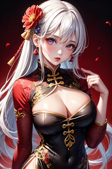 1girl,upper body,fashi-girl,china dress,chinese clothes,hair flower,(masterpiece:1.4),(best quality:1.4),(shiny skin),red lips,looking at viewer,large breasts,parted lips