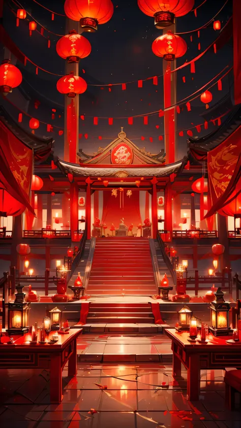 CNY， Red Wedding, table, china city , Thongbu lamp ， Quixel Megascans rendering , high detail , 8k，red lantern speechless，red ribbon hanging， Red，festive，nobody，Red decoration on background，Red，Pixar, charming, Cartoonish，Business posters，There are decorat...