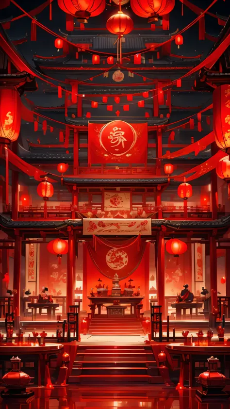 CNY， Red Wedding, table, china city , Thongbu lamp ， Quixel Megascans rendering , high detail , 8k，red lantern speechless，red ribbon hanging， Red，festive，nobody，Red decoration on background，Red，Pixar, charming, Cartoonish，Business posters，There are decorat...