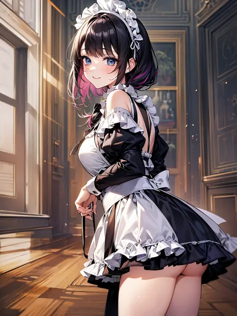 (((perfect human body:1.3)))、side view、Maid Outfit Cosplay:1.3,mini skirt、椅子に座ってうたたねDoing、Doing、frills、smile、blush、20-year-old、Late night bedroom、colorful hair color、bangs bangs、cute、Fashionable、thighs