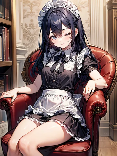 full body figure、(((Sitting in a leather chair)))、(((both eyes closed:1.3)))、Sleeping:1.3、(((perfect human body:1.3)))、Maid clothes、mini skirt、frills、colorful hair color、cute、Fashionable)))