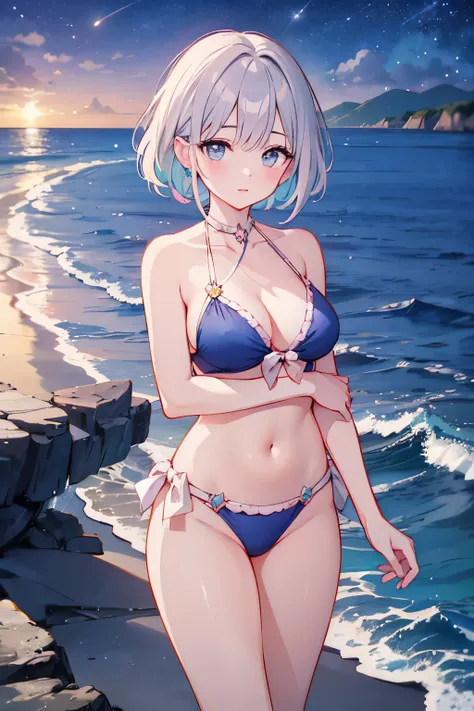 （masterpiece）、(highest quality)、((Super detailed))、(super delicate)、Princess in a naughty swimsuit、Pastel colors hair、beautiful breasts、Thighs、Gorgeous、Sea with a view of the horizon、Fantastic starry sky、Rainbow Ring