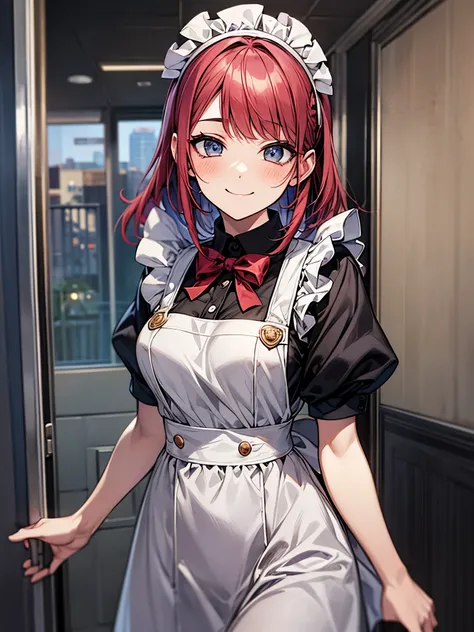 A girl wearing a maid outfit is smiling cutely at the entrance of the apartment.、red hair、colorful hair color、