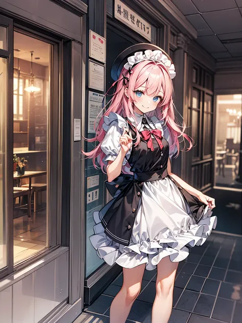 A girl wearing a maid outfit is smiling cutely at the entrance of the apartment.、pink hair、colorful hair color