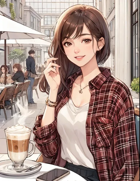 1lady solo, (sitting at terrace seat), (flannel shirt) (stylish outfit), mature female, /(dark brown hair/) bangs, kind smile, (masterpiece best quality:1.2) delicate illustration ultra-detailed, large breasts BREAK (fragrant latte on the table) BREAK (fas...