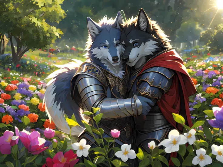 Furry,(A male wolf was hugging another male wolf.)The first wolf had black fur.,Neon blue eyes 1.5(Eye details with real hair,Wearing red cloaked knight armor.,The second wolf had white fur, a male.,black eyes 1.5(Realistic eye detail),wearing palace cloth...