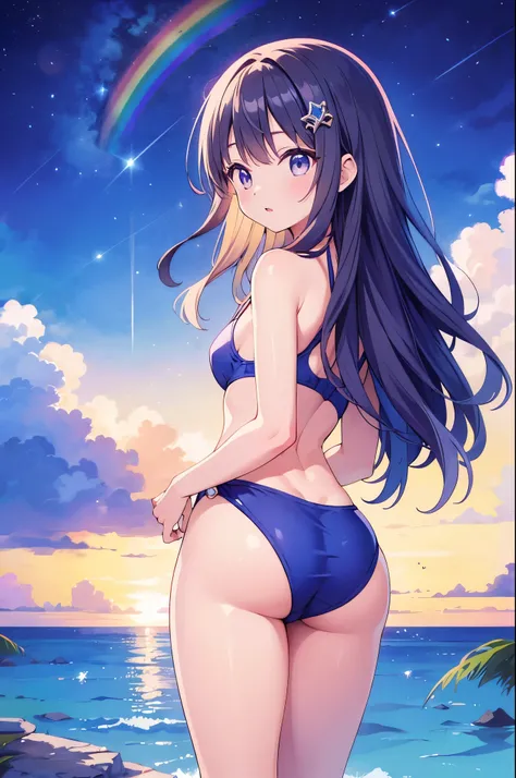 （masterpiece）、(highest quality)、((Super detailed))、(super delicate)、Princess in a naughty swimsuit、Pastel colors hair、Beautiful butt、Gorgeous、Sea with a view of the horizon、Fantastic starry sky、Rainbow Ring