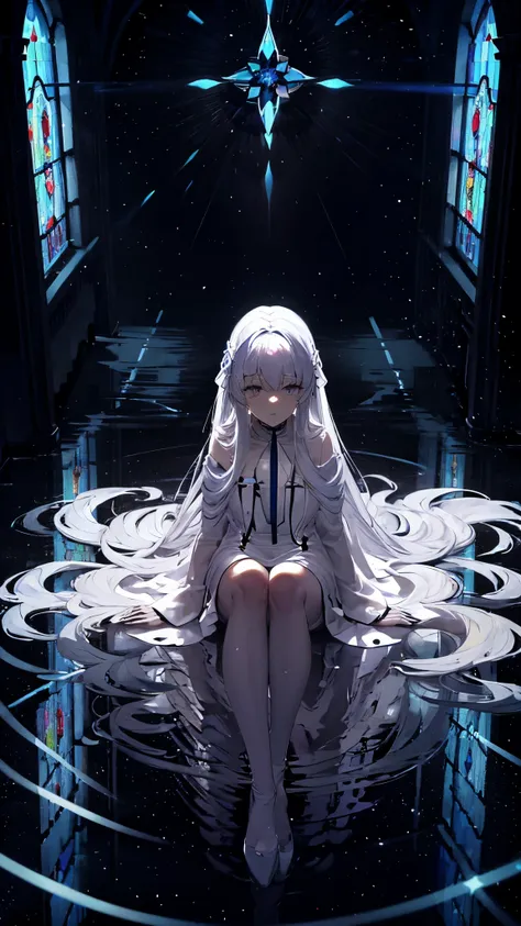 white haired woman　very long hair　hair falling on the floor　Sitting on the floor　Light is shining from above　Inside the white church　cross　transparent　glass　BLUE　Composition looking up from bottom to top　Beautiful stained glass　Delicate face drawing　Overpe...