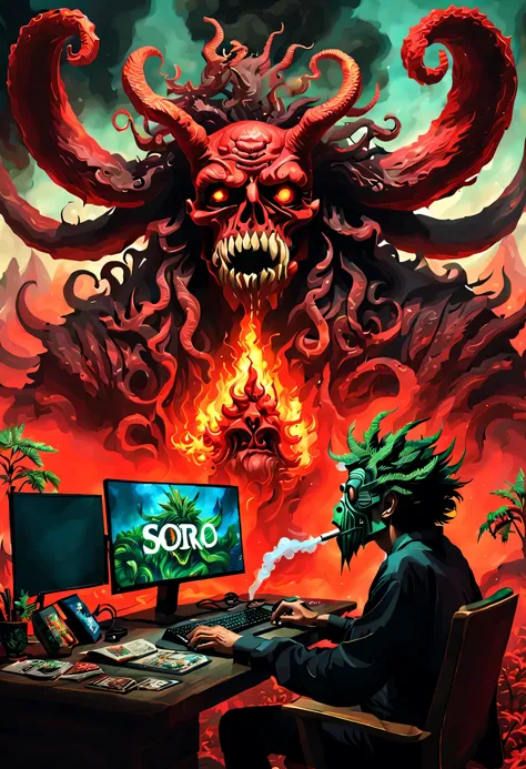 big letters spelling the word SORO,anime style, a dude playing a mmorpg on pc desk with screen showing the game runing in 32k, highly detailed , he smoking a huge weed joint the room is full of smoke ,demons in the backgroung hunting the gamer with creepy ...