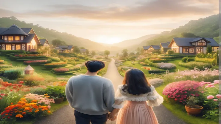 There are two people walking along a garden path., beautiful render of a fairytale, unreal engine ; romantic theme, The most beautiful scenes, dreamy scene, realistic fantasy rendering, 8 k realistic digital art, 4K high-definition digital art, so magical ...