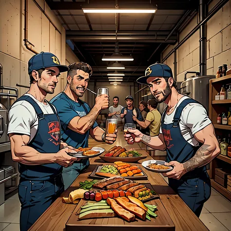 a group of men in their thirties in an industrial craft beer factory, vestidos con ropa casual, varonil, ajustada, gorra, deportiva, having a good time with fun, alrededor de una mesa que tiene una parrillada encima