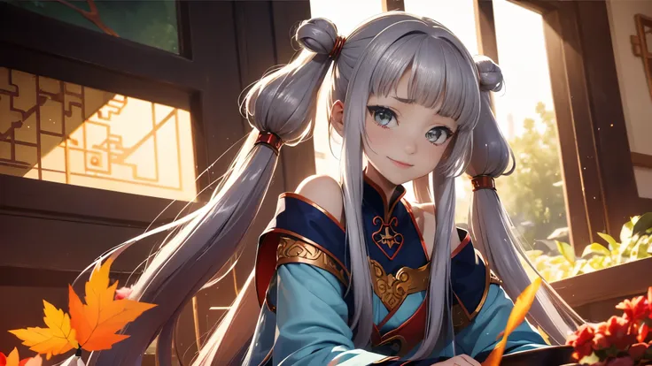 A young China girl , happily Smile , Chinese clothes, hanfu, blue dress, bare shoulders, detached collar, detached sleeves, long sleeves, puffy sleeves, Twintail, ahoge, yellow_eyes, Sitting in the throne , Chinese Palace, Sakura Fall, Leaf Fall, Autumn Se...