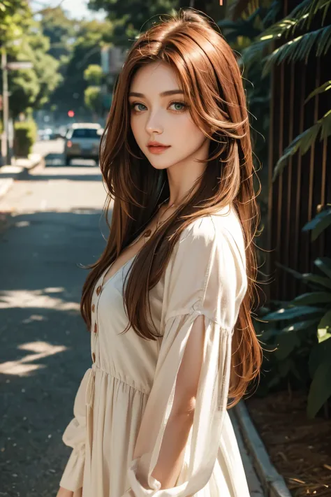 red middle length hair beautiful woman with green eyes in fine clothes