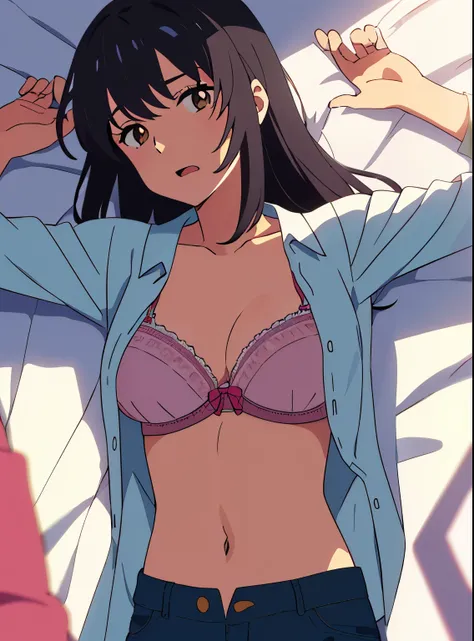 shinkai makoto, kimi no na wa., 1girl, bangs, black hair, brown eyes, worried eyes, open mouth, twisted half up, red ribbon, long hair, long sleeve light yellow cardigan, open shirt, white shirt, unbuttoned, medium breast, pink bra, navel, collarbone, blue...