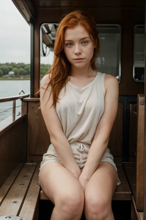 Photo of a ginger woman, on a boat, sitting on the deck, far away from camera, looking random places with normal clothes, (freckles:0.8) cute face, dystopian, detailed eyes, Lady, approximately 18 years old. Resolution 8k, 4k, ultrarealistic, realistic, te...