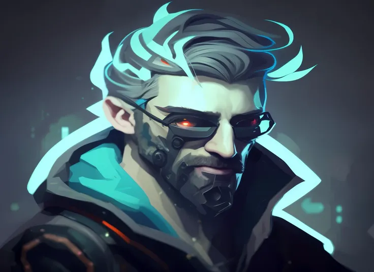 a man with a beard and glasses in a dark room, Stylized portrait, Mec Cyberpunk, peint dans le style arcanique, portrait de personnage peint, 2d portrait, dark CG character portrait, Style Disco Elysium!!!, Personnage de Disco Elysium, portrait artistique ...