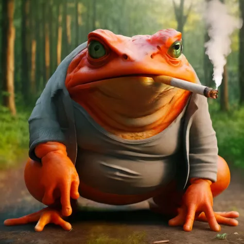 there is a frog that is smoking a cigarette in the woods, big toad, very detailed toad, toad philosopher the thinker, ultra realistic concept art, real life charmander, highly realistic concept art, toad, ultrarealistic concept art, hyperrealistic concept ...