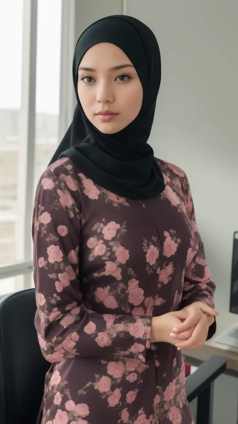 a 20 years old malay women in hijab wear floral pattern baju kurung seat in the office, night, serious face, nighttime, in the o...