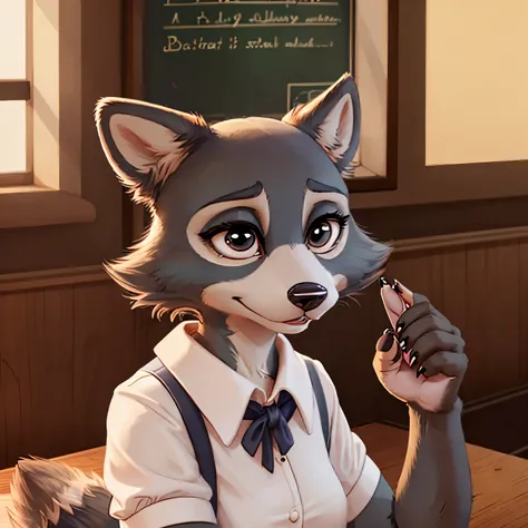 The female raccoon in the Beastars universe exudes a playful and mischievous beauty. With sleek fur in a mix of grays and blacks, she captivates with her distinctive raccoon markings. Wearing the Cherryton Academy boys uniform, she confidently challenges g...