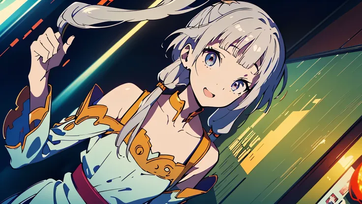 A young China girl , white hair , orange eyes  , smile with tear, pinky promise, Chinese clothes, hanfu, blue dress, bare shoulders, detached collar, detached sleeves, long sleeves, puffy sleeves, Twintail, ahoge, yellow_eyes, Sitting in the throne , Chine...