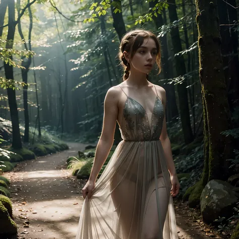 Sophia Lillis, plump body, braided ponytail, fantasy forest, fantasy picture, sheer gown