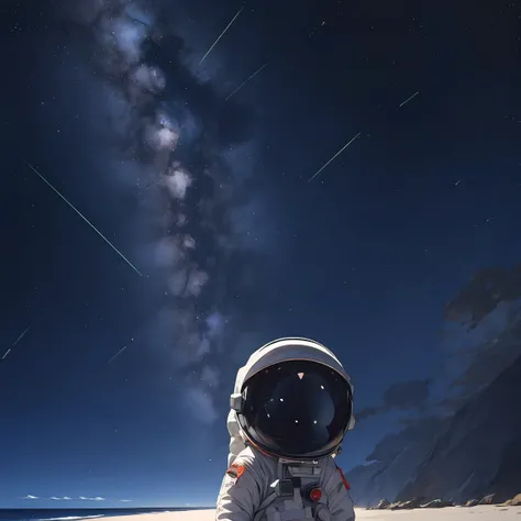 an astronaut looking at the stars from a beach, myriad of stars, clear cloudless sky, night