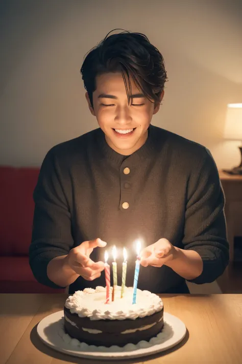 A 35-year-old smart boy, handsomely dressed, celebrates his birthday with a beautifully decorated cake in the foreground. The cakes rich frosting glistens under the soft, warm lighting. The boys expression radiates joy and contentment as he prepares to blo...