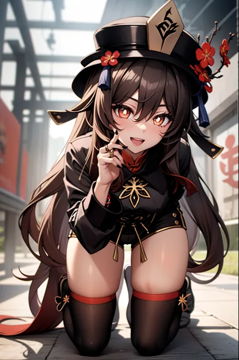 masterpiece, best quality, HuTaoV4, 1girl, solo, looking at viewer, symbol-shaped pupils, flower shaped pupils, blush, smile, open mouth, long sleeves, hat, jewelry, flower, thighs, shorts, socks, nail polish, black headwear, chinese clothes, black shorts,...