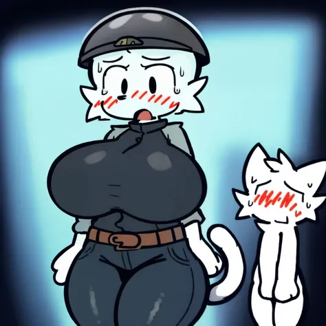 Silly cat, girl, wide hips, cat, antro, white cat,thick legs, body slim, huge breasts, sweat, wearing navy blue pants, wearing navy blue jacket, wearing a dark green army helmet, brown belt, scared, blushed,