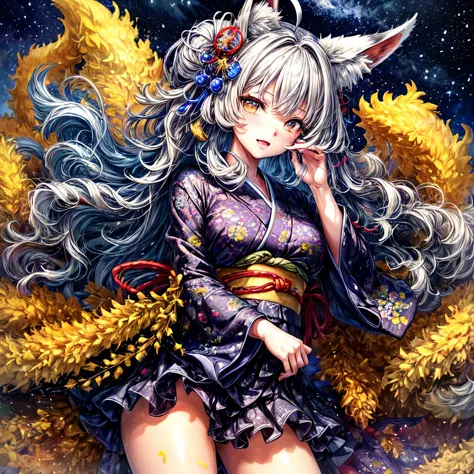 ((worst quality, low-quality)), ((Rabbit eared girl)), Solo, ((Big breasts)), ((half updo, silver hair)), ahoge, plump shiny lips, ((Beautiful clear eyes, gold eyes):1.2), Spoken Heart, ((fox tails,nine-tails:1.3)), (traditional Japanese attire:1.2), (intr...