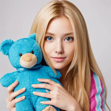 (best quality,masterpiece:1.2),ultra-high resolution, portrait of Sieun from Stayc with abundant blonde hair, vibrant blue eyes, freckles on her face, holding a teddy bear plush toy.