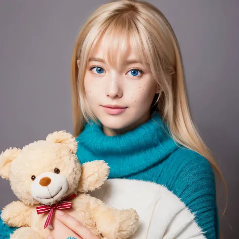 (best quality,masterpiece:1.2),ultra-high resolution, portrait of Sieun from Stayc with abundant blonde hair, vibrant blue eyes, freckles on her face, holding a teddy bear plush toy.