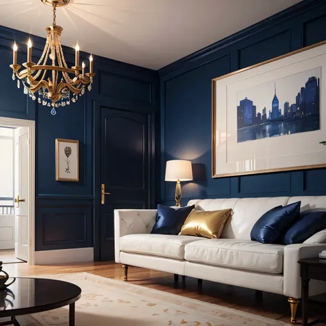 modern minimalist interior design with dark cobalt blue accents and gold accents