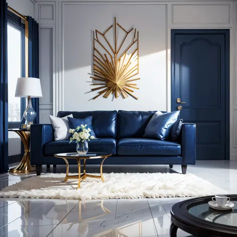 modern minimalist interior design with medium cobalt blue accents and gold accents