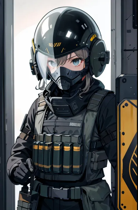 1 ，Hold an explosion-proof shield（）Explosion-proof shield in front of you，Wearing special forces combat clothes，Wear a helmet with a bulletproof mask，Cabelo de cor branca，surprised expression，Interior cinza