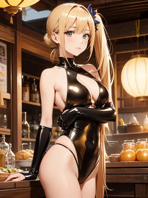 Imagine an anime girl with sun-kissed golden hair styled in a side ponytail, reflecting the adventurous spirit of a Silk Road merchant. Her latex swimsuit, a blend of earthy tones and metallic accents, captures the essence of Silk Road textiles. Posing ami...