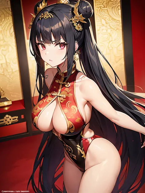 Visualize an anime girl with sleek ebony-black hair styled in a high, elegant bun, adorned with intricate golden hairpins resembling dragon motifs. Her latex swimsuit, inspired by the opulence of ancient Chinese imperial garments, features a striking combi...