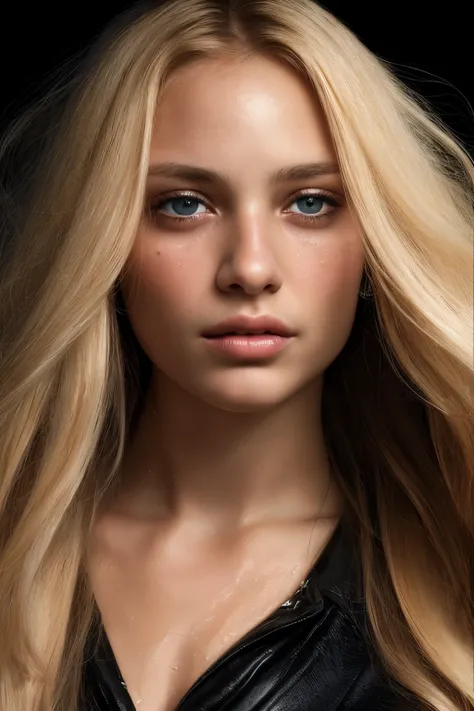 A captivating close-up of a woman with wet, golden blond hair cascading down her face against a black, saturated background. Tears freely flow from her expressive, sultry eyes, creating a moody and emotive atmosphere. This is an artistic portrait of renown...