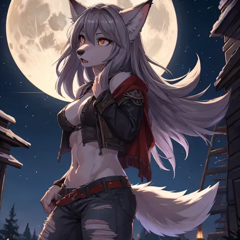 A female wolf howling at the full moon. Her ripped clothing is hanging from her.