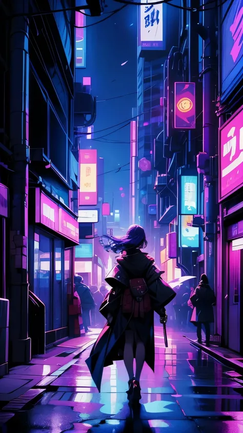 (masterpiece, top quality, best quality, official art, beautiful and aesthetic:1.2)Samurai, in cyberpunk city,(blue purple neon lighting), (vibrant glow), dynamic colors, striking contrast, futuristic vibe, electric energy,reflective surfaces,(cityscape:1....