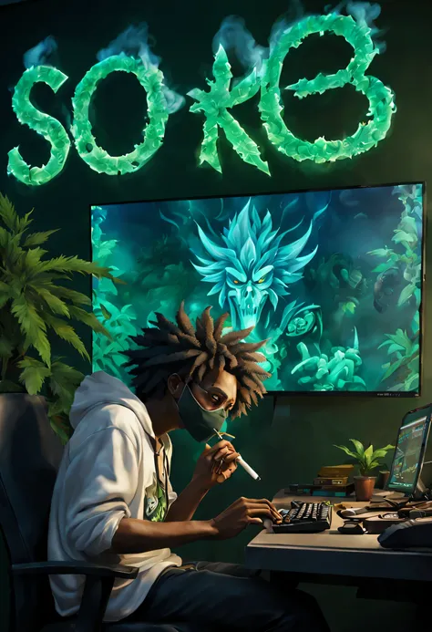 big letters spelling the word SORO,anime style, a dude playing a mmorpg on pc desk with screen showing the game runing in 32k, highly detailed , he smoking a huge weed joint the room is full of smoke ,demons in the backgroung hunting the gamer with creepy ...