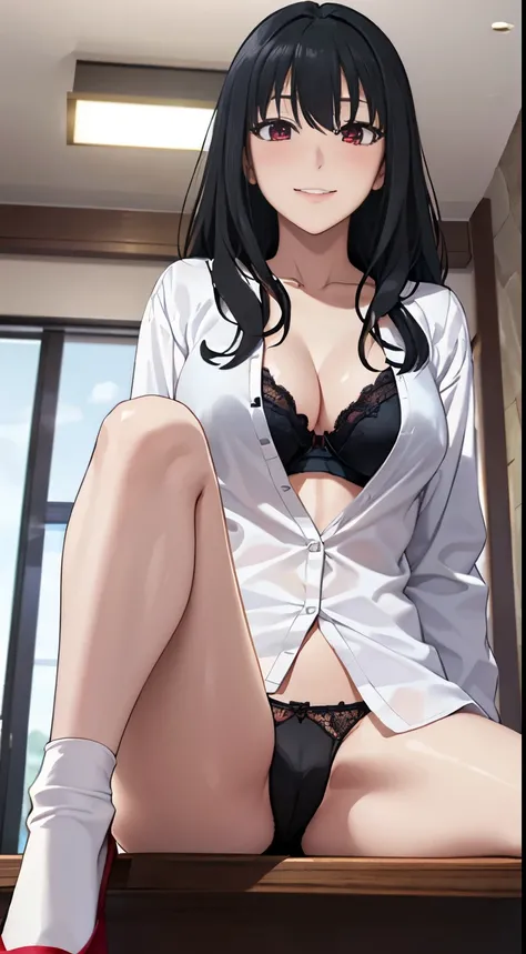 ((table top, highest quality, High resolution, nffsw, perfect pixel, 4K, nffsw, nffsw))), 1 girl, single, alone, beautiful woman、I could see the whole body、(Yor Forger、jet black hair)、 ((short wavy hair, bangs, black hair)), ((red eyes, beautiful eyelashes...