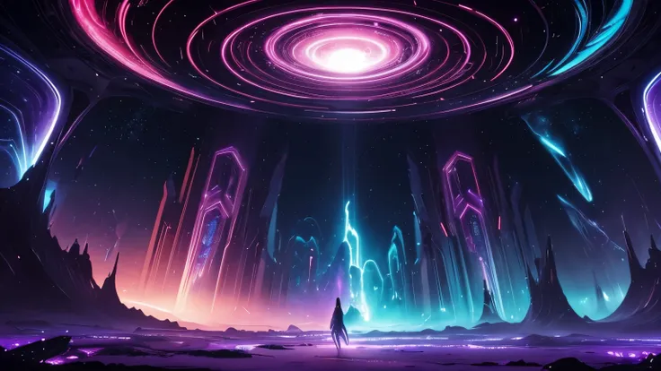 unveils a surreal, interstellar vista. It showcases an otherworldly realm with ethereal structures that seem to blend seamlessly with the cosmic backdrop. Radiant, iridescent hues dance across the landscape, giving the impression of an alien oasis. In the ...